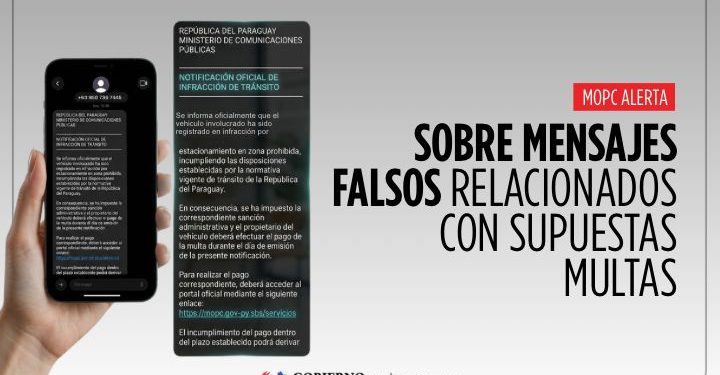 MOPC alerta sobre estafas con falsas notificaciones de multas de la Patrulla Caminera