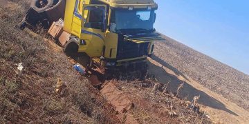 Camión cargado de soja volcó tras frenar para evitar embestir a una motocicleta en Minga Porã