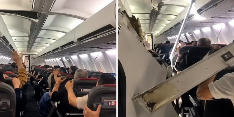 Avión despegó, empezó a sacudirse y parte del techo cayó sobre pasajeros