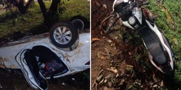 Tres personas resultan heridas tras choque entre automóvil y motocicleta