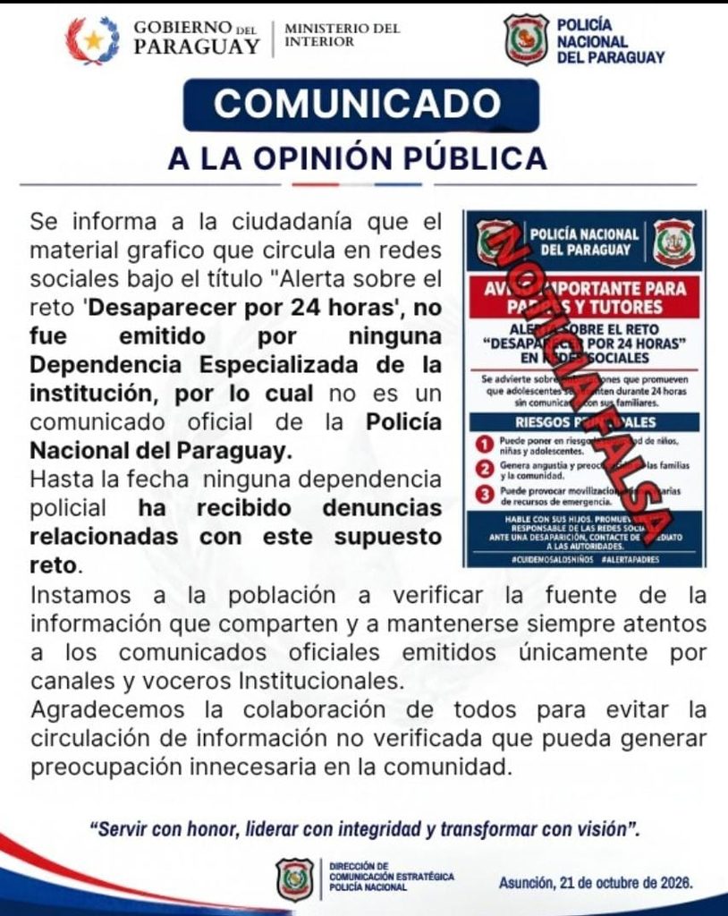 Imagen de la cobertura: Policía Nacional desmiente comunicado sobre el reto viral “Desaparecer por 24 horas”